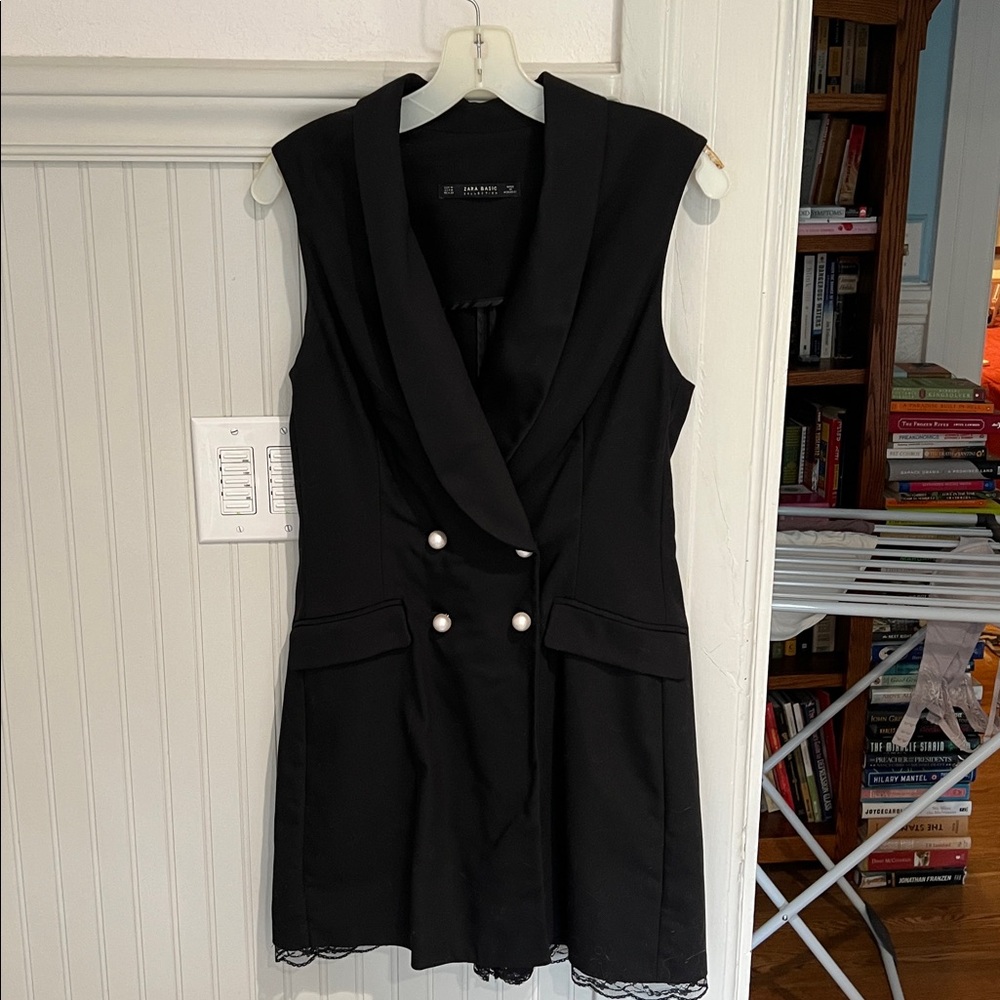 Zara Luxe Tuxedo Jumpsuit w pearl button and lace hem
